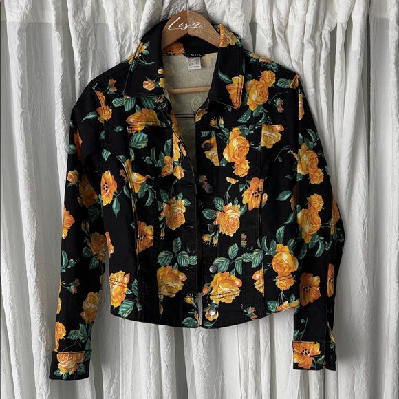 VENUS Jackets & Blazers - VENUS Black Cropped Jean Jacket with Yellow Rose Print and Green Leaves